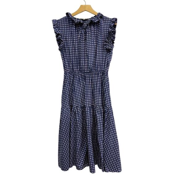 Tucker Navy Check Print Ruffle Midi Dress Silk Cotton Blend Sleeveless size M - Picture 4 of 7
